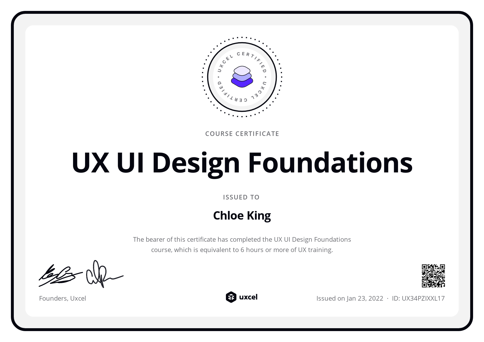 Chloe King's certificate
